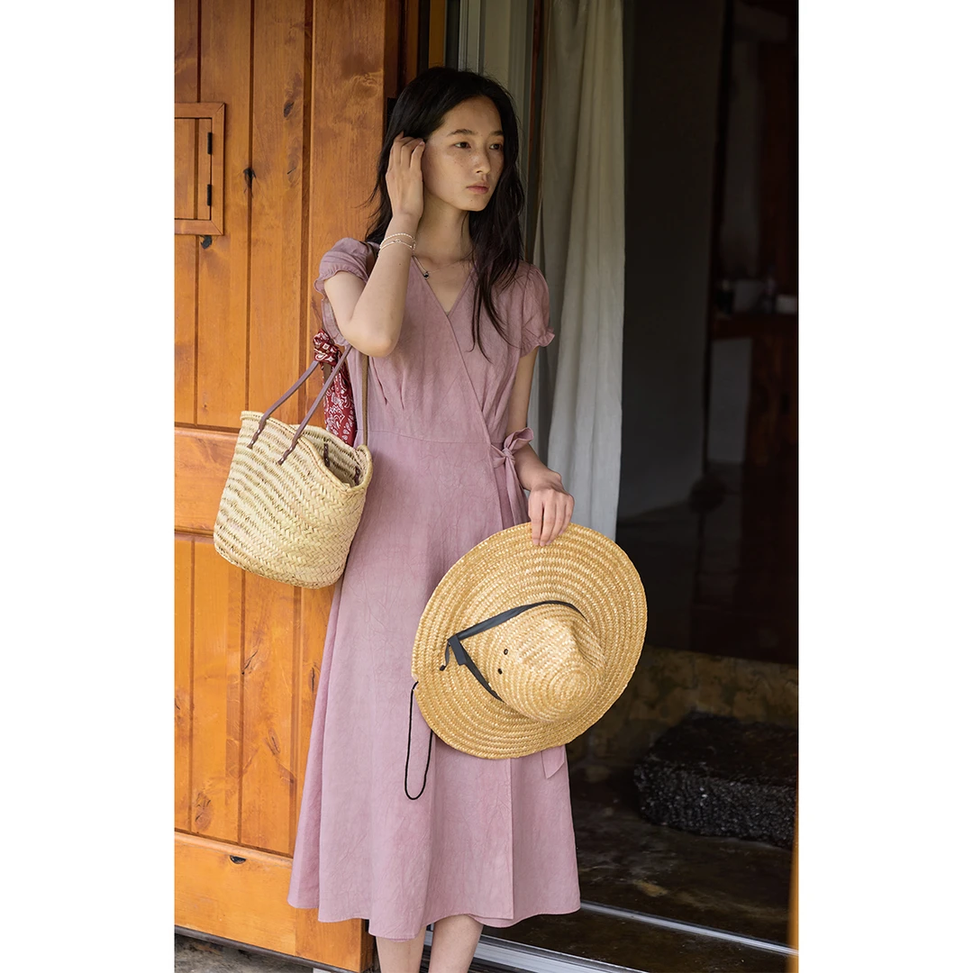 solighter法式莱赛尔亚麻v领泡泡袖连衣裙夏5I0601L11X3