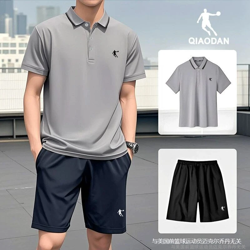 乔丹运动套装男2025新款夏季翻领POLO短袖T恤五分短裤男士两件套