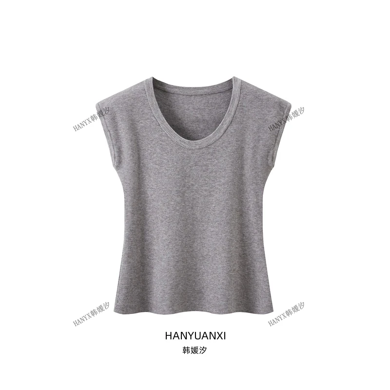 软糯薄款t恤女夏季短袖U领休闲飞飞袖针织老钱风上衣慵懒松弛感