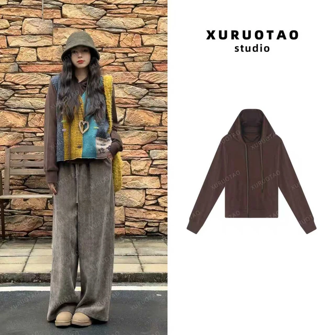 XURUOTAO 【玛奇朵】棉感连帽百搭设计感显瘦灰咖色上衣 T5670