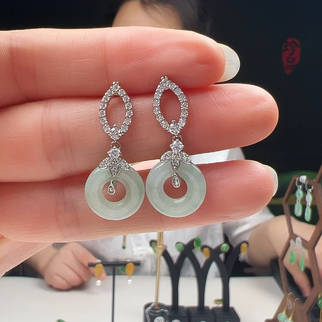 翡翠银S925镶嵌耳饰天然翡翠