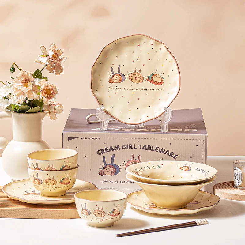 奶油女孩可爱陶瓷米饭碗家用汤碗盘子餐具一人食特别好看碗碟