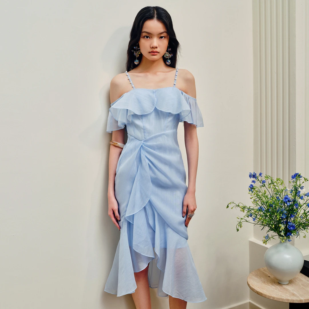 浪漫复古感一字肩吊带鱼尾裙不对称收褶设计感气质衬衫拼接连衣裙