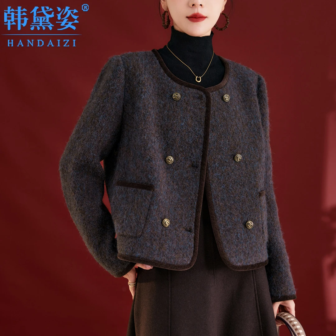 时尚高级感小个子双排扣外套女短款2025秋装新款气质显瘦毛呢外套