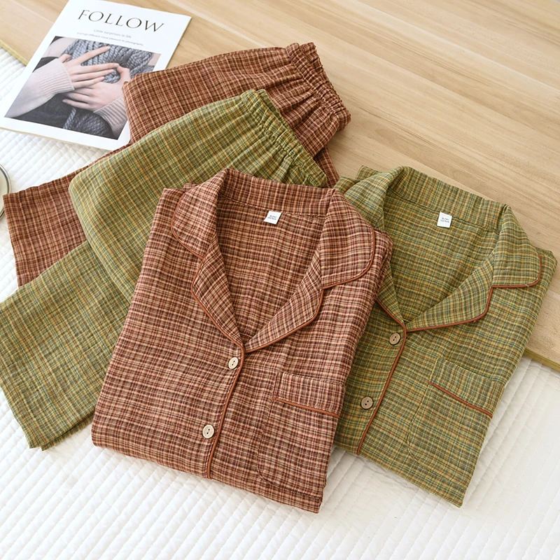 【莫奈花园】新款女士纯棉睡衣双层纱布舒适柔软翻领家居服套装