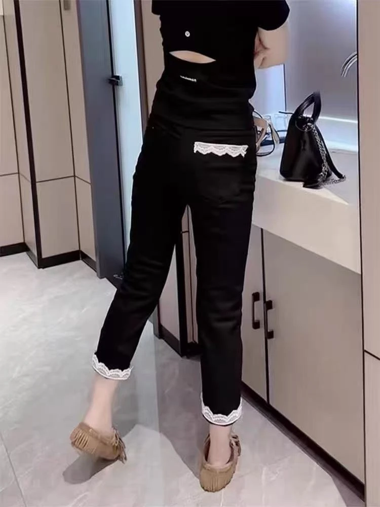 黑色弹力加薄绒女高腰显瘦直筒烟管裤时尚百搭气质轻奢1268-1