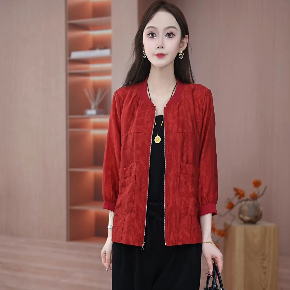 2025春季新款气质时尚减龄棒球领休闲排汗透气百搭天丝提花短外套