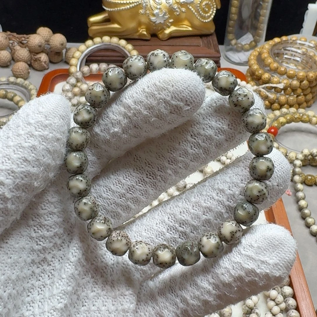 星月菩提手串石玉料9无相单圈绿幽灵月留白小细星