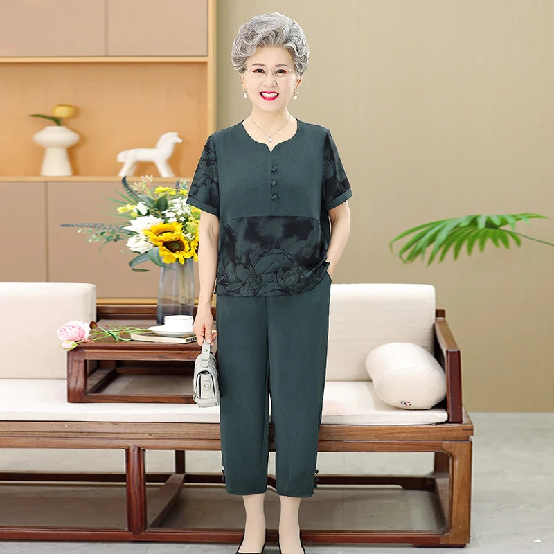 妈妈夏装套装薄中老年人女装奶奶短袖T恤两件套上衣太太老人衣服