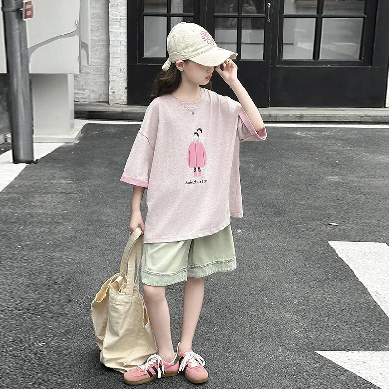 2025新款女童洋气短袖套装中大童时尚宽松夏季休闲风韩版时髦卡通