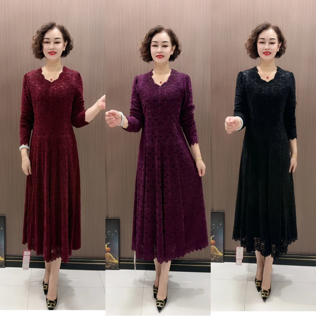 WK9988款秋冬植绒提花中老年加绒显瘦遮肚过膝长款弹力气质连衣裙