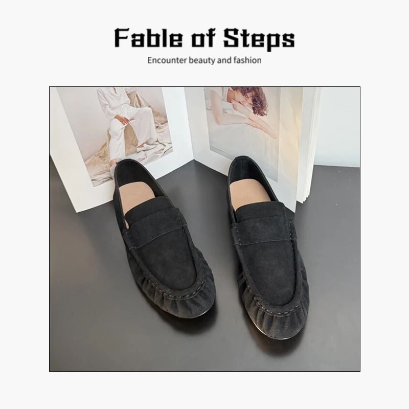 old money 低奢复古一脚蹬手工羊反绒乐福鞋小皮鞋真皮底单鞋X111