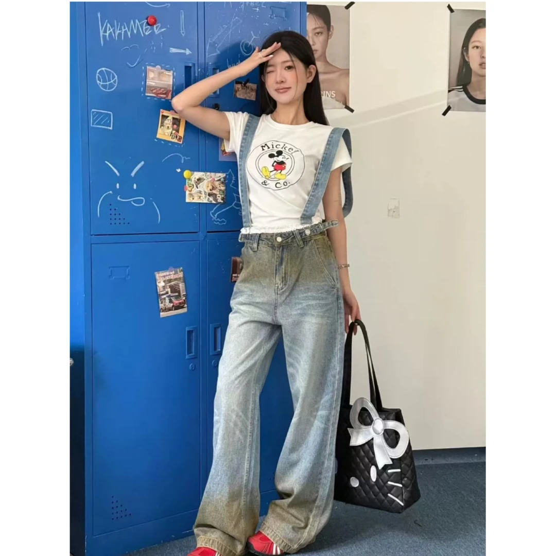 美式复古做旧渐变扎染背带裤女春新款设计感宽松阔腿牛仔裤潮9021