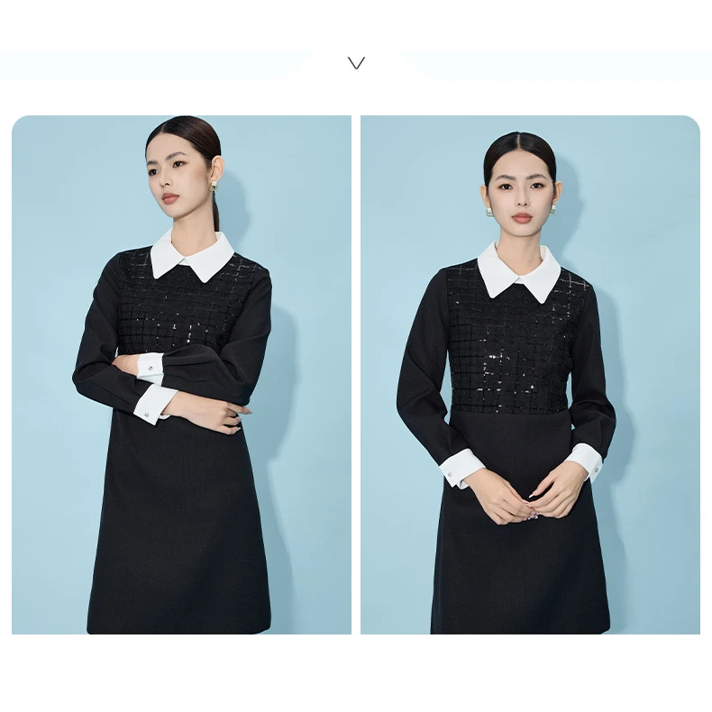 高级感爆款时尚经典时尚修身翻领拼接百搭连衣裙VDAH30DRX0