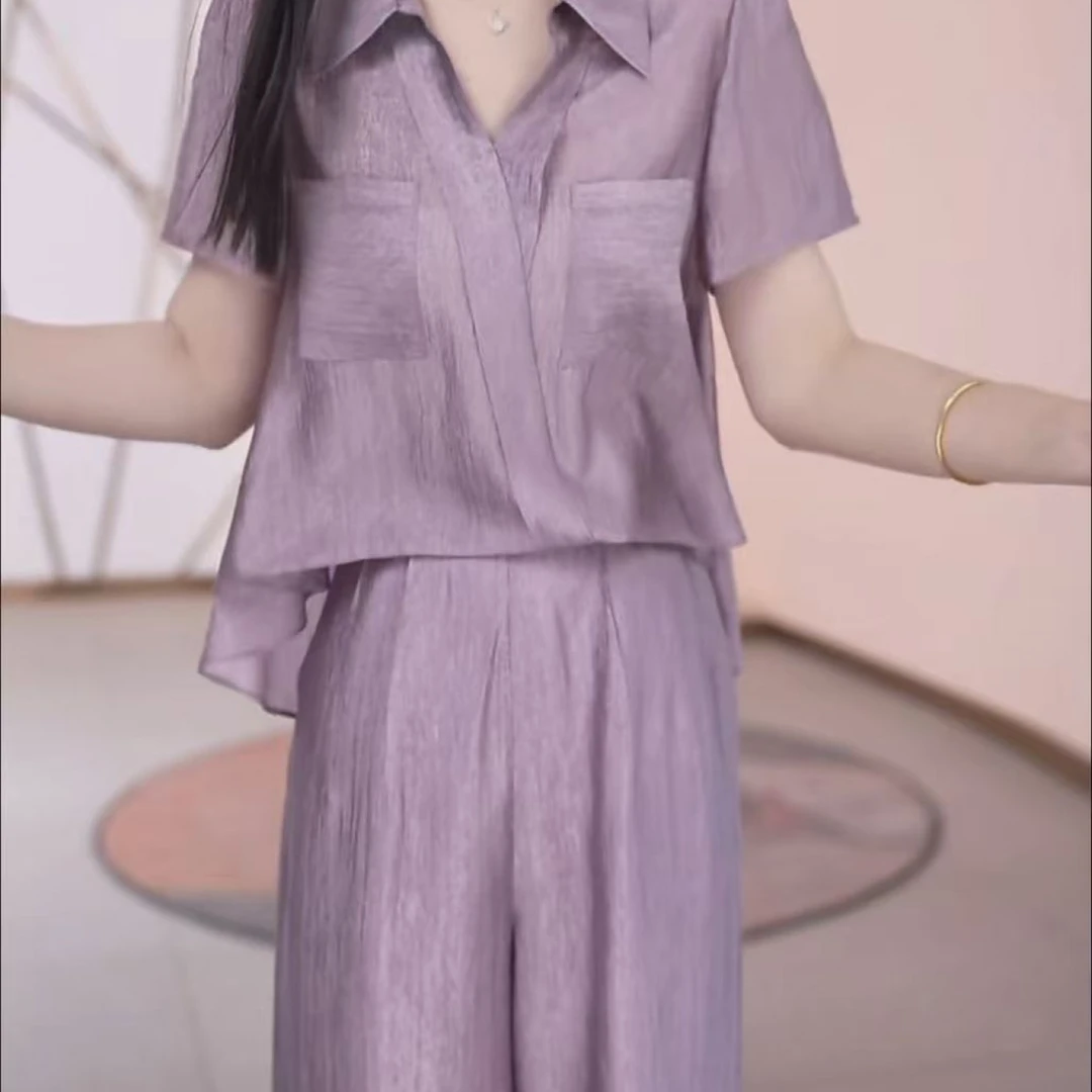 2025夏季新款高档气质大码通勤女上衣裤子时尚套装遮肚小众两件套