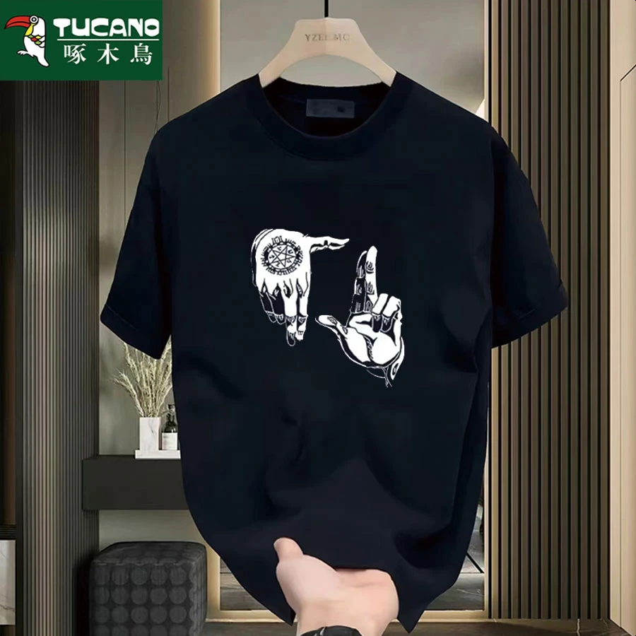 啄木鸟夏季圆领短袖时尚男士圆领T恤ins男士韩版白色t恤个性男装