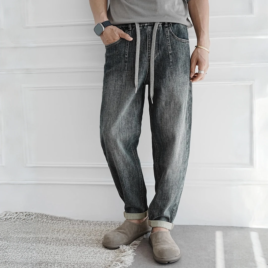 美式复古重磅洗水做旧抽绳牛仔裤男秋季新款潮牌痞帅松紧腰休闲裤