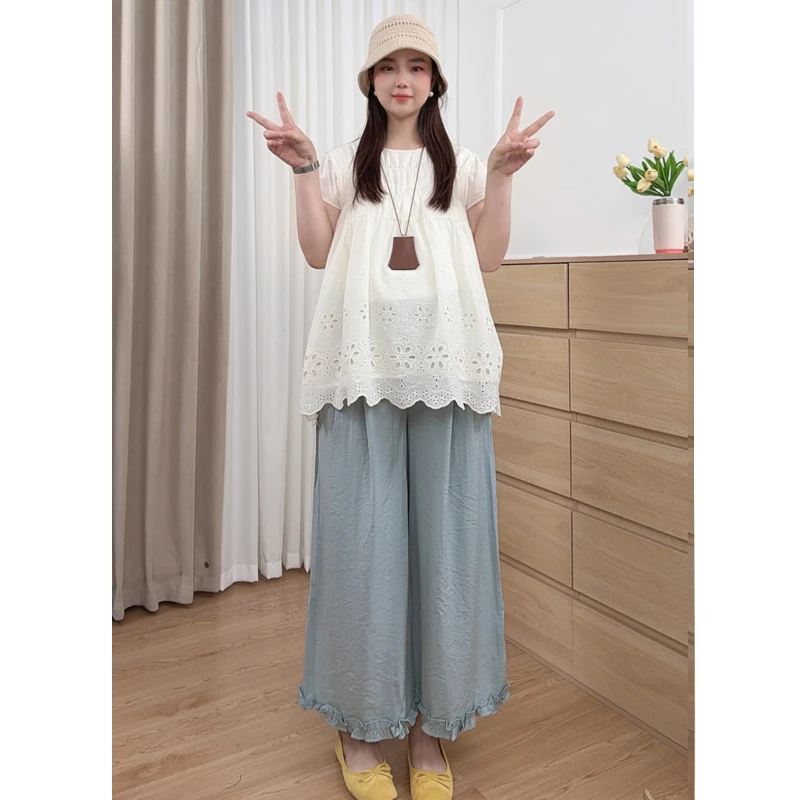 孕妇设计感纯色木耳边休闲裤2025夏季新款休闲高腰显瘦减龄阔腿裤