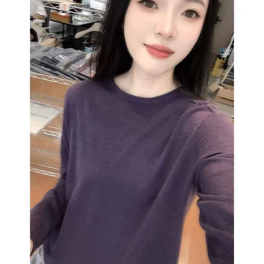 丽丽家~醋酸丝紫长袖卷边网红时尚休闲百搭女士纯色圆领上衣