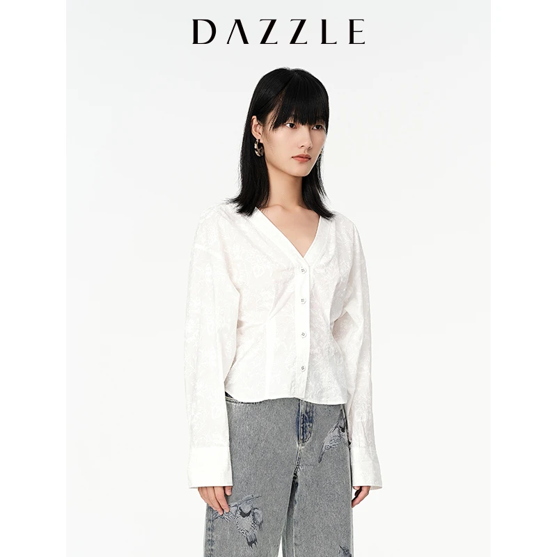 DAZZLE地素款法式暗纹显瘦收腰衬衫2E2C4041B