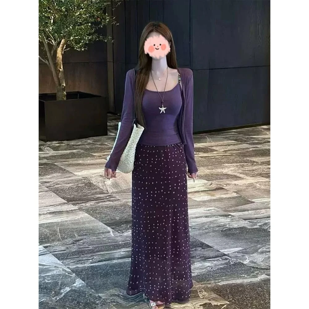 早秋纯欲穿搭一整套时尚修身纯色开衫吊带波点半身裙巨好看三件套