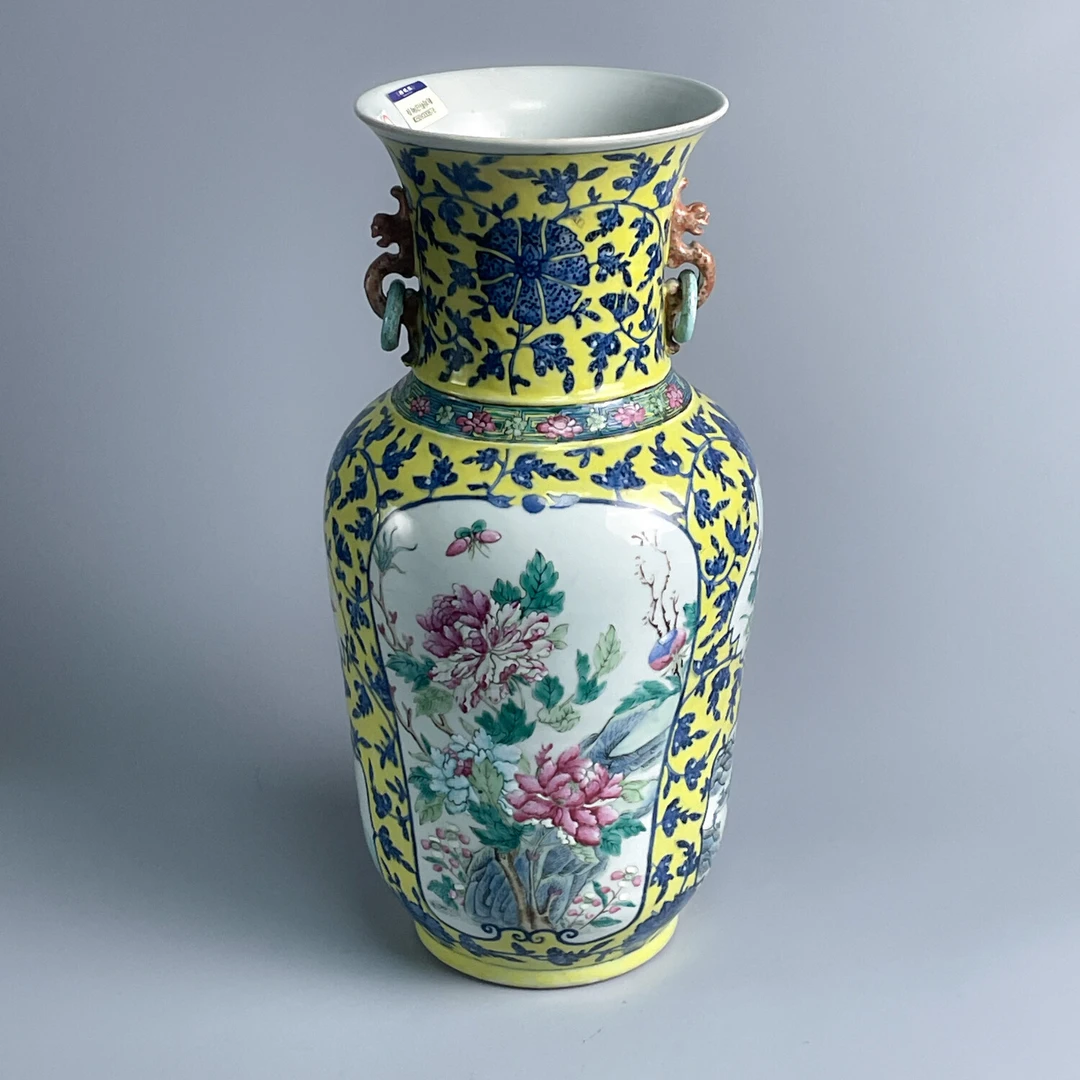 瓷器/古董晚清 黄地青花开光粉彩双耳瓶-M25DV000B76收藏/绣花张