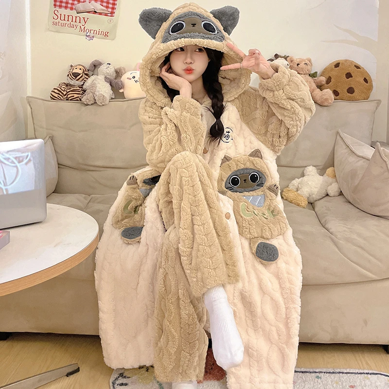 珊瑚绒睡袍女秋冬季加绒加厚睡衣2025年新款卡通慵懒风家居服套装