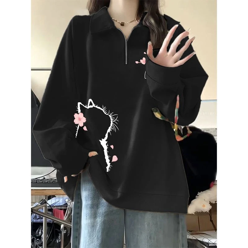 大码300斤小猫印花小众时尚半拉链卫衣男女春秋新款宽松翻领上衣
