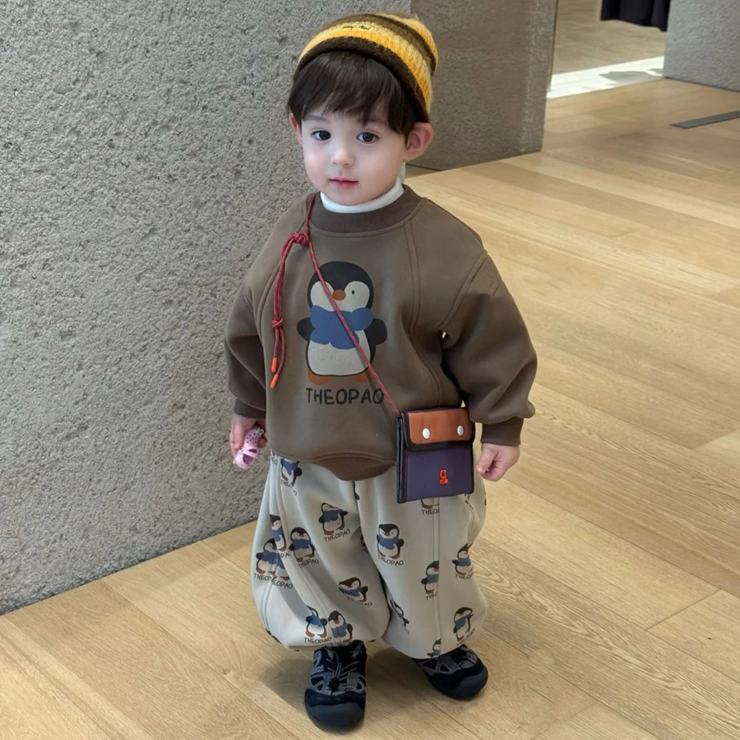 男童冬套装2025新款儿童可爱企鹅加绒卫衣男孩卡通加绒休闲束腿裤