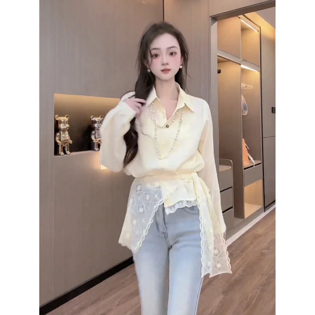 2025秋季新款百搭蕾丝披肩+蕾丝边衬衫设计感小众叠穿黄色开衫