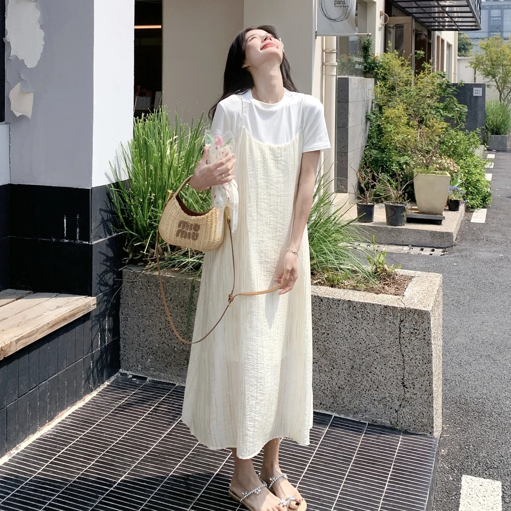 白色短袖连衣裙女小个子2024夏季新款设计感拼接设计感宽松娃娃裙