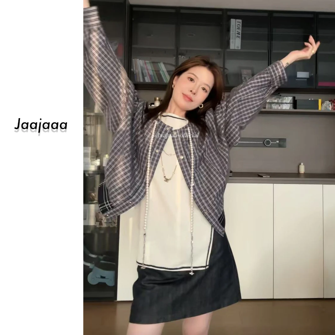 Jaajaaa舒云象限  设计师薄款潮牌女装秋季压花气质格子衬衫/GHEA