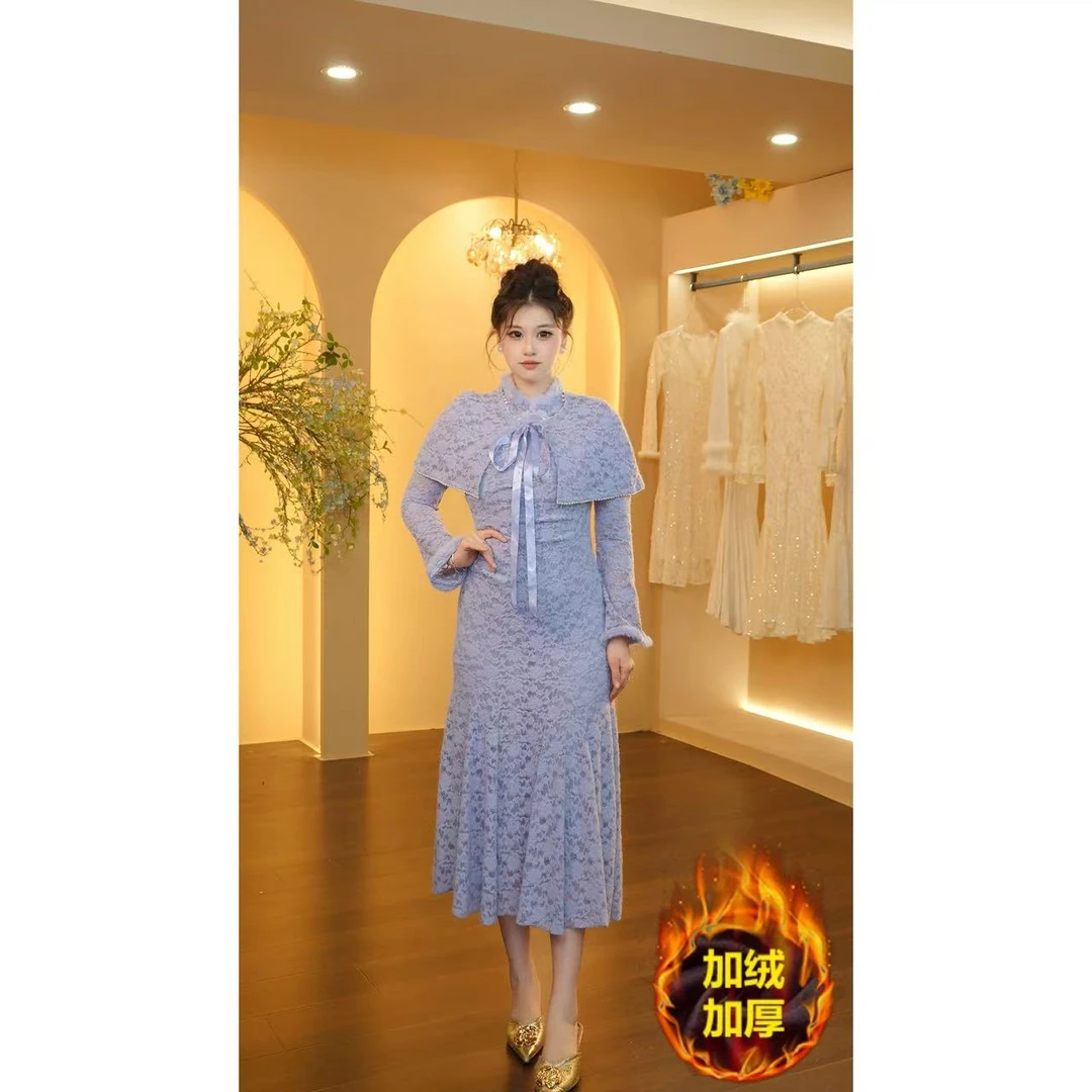 1店-1048【王超越定制】连衣裙秋冬季加厚高腰修身DMG059