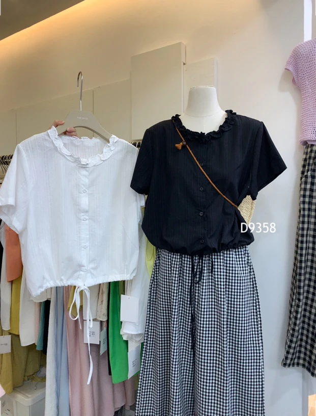 丸子.抽绳木耳边短袖衬衫