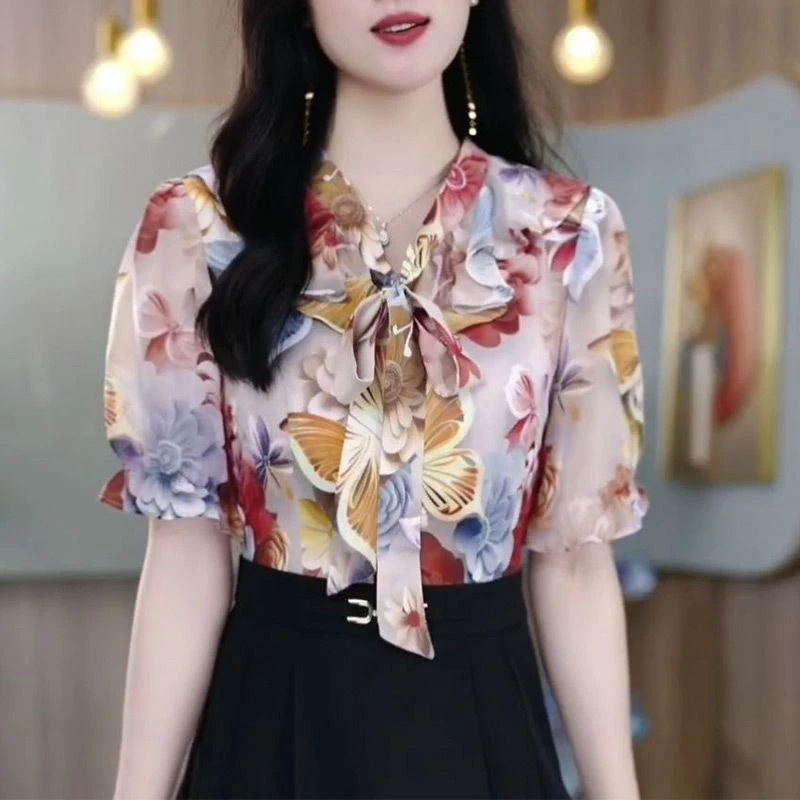 时尚拼接假两件印花短袖连衣裙女2025夏新款气质收腰显瘦遮肚裙子