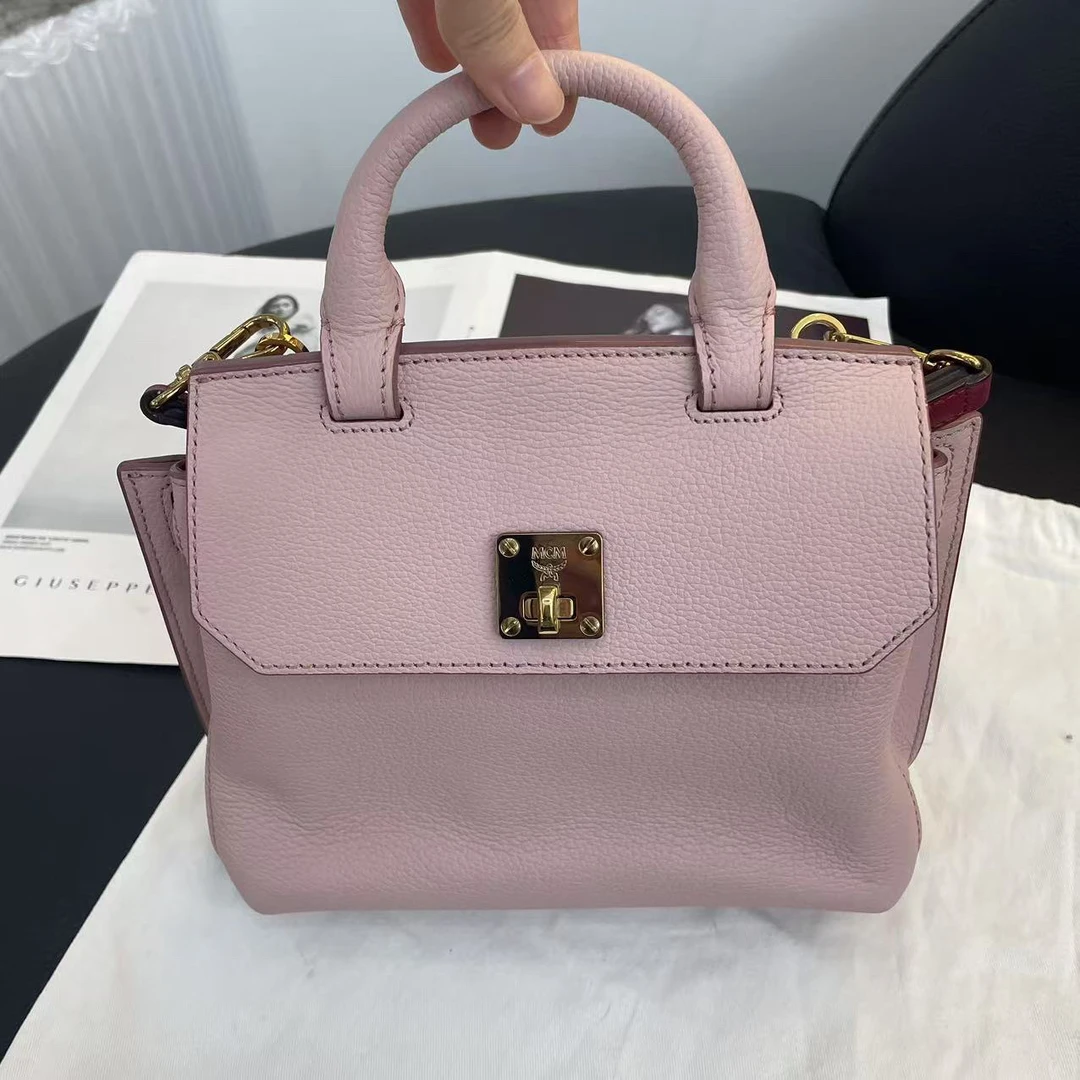99新 MCM 大麦中古/mcm粉色手提斜挎包/斜挎包