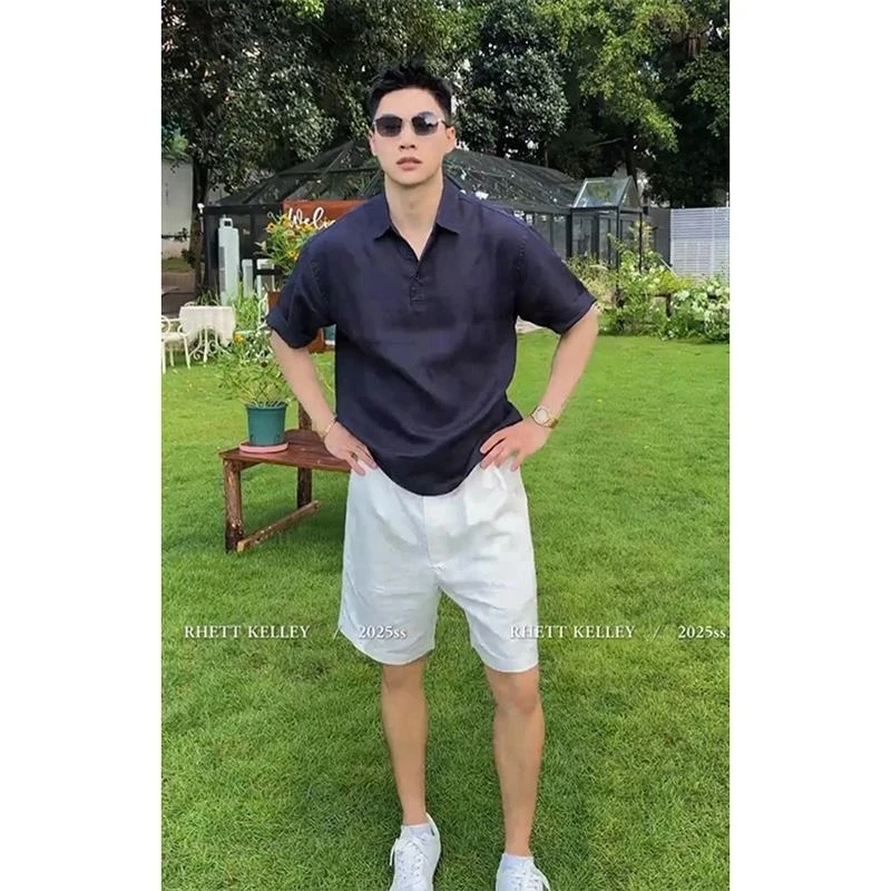 夏季松弛老钱风薄款透气亚麻高级感翻领套头短袖衬衫宽松纯色POLO