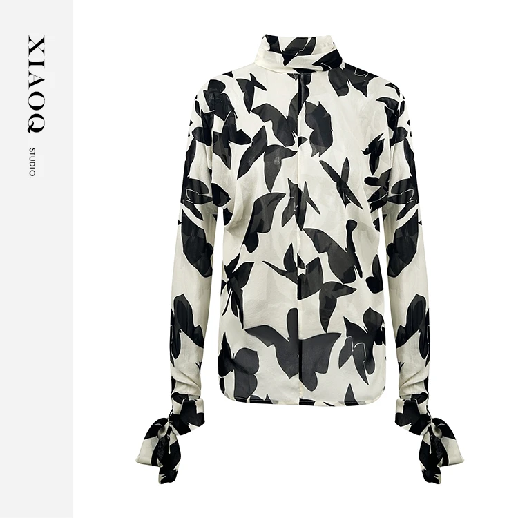 【小Q家】35965立领蝙蝠袖撞色印花衬衫T