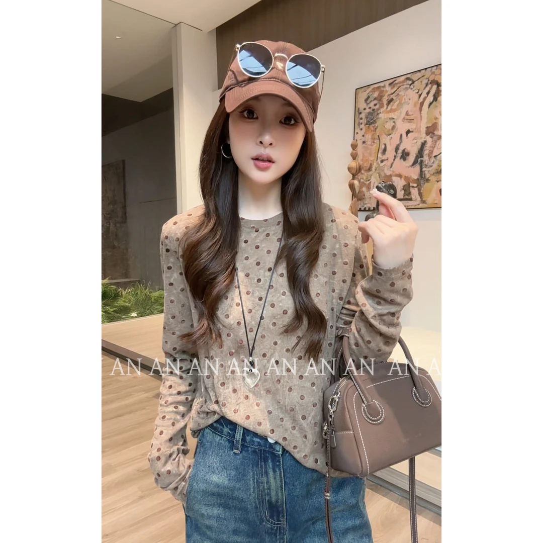 C08100新款莱赛尔日常休闲显瘦圆领打底衫长袖波点T恤