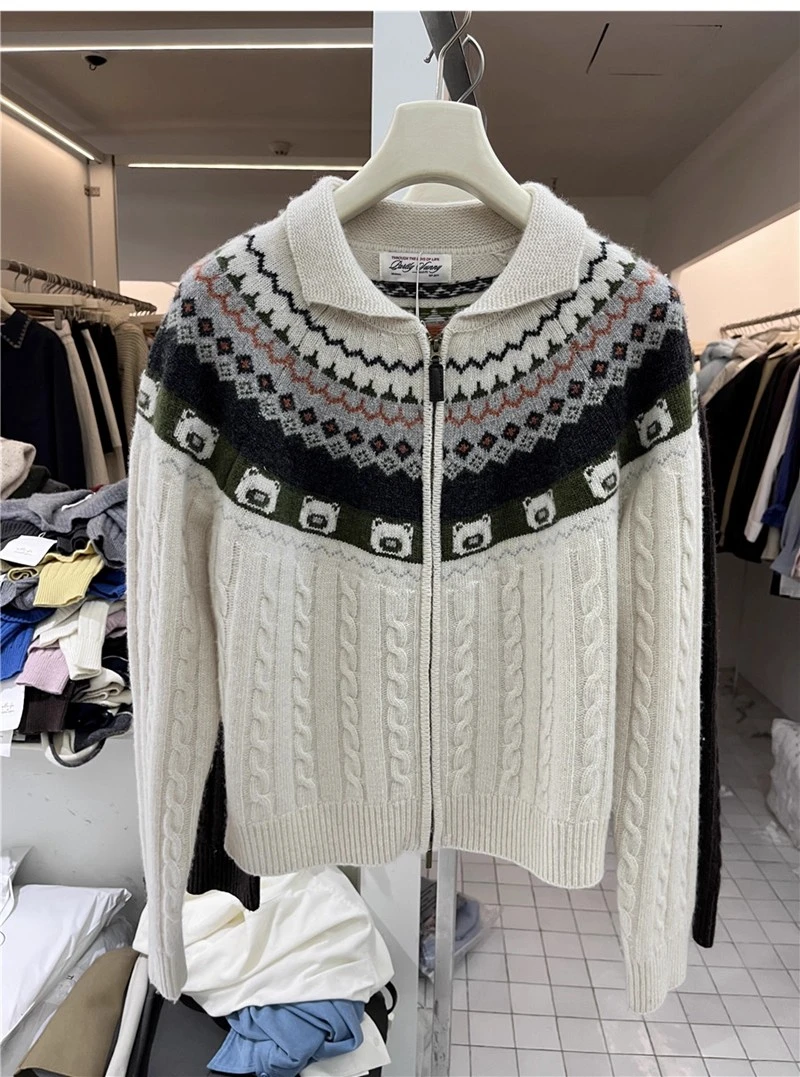 韩国东大门allofu冬季新品时髦费尔岛提花刺绣羊毛针织衫女潮ins