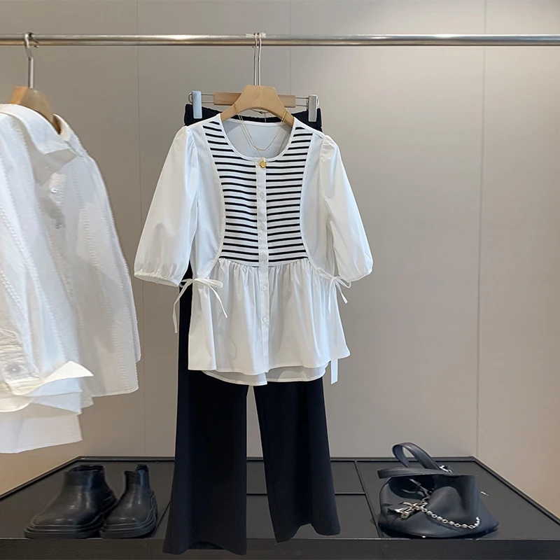 夏季女士法式气质拼接条纹设计感泡泡短袖时尚百搭半袖上衣Z1392