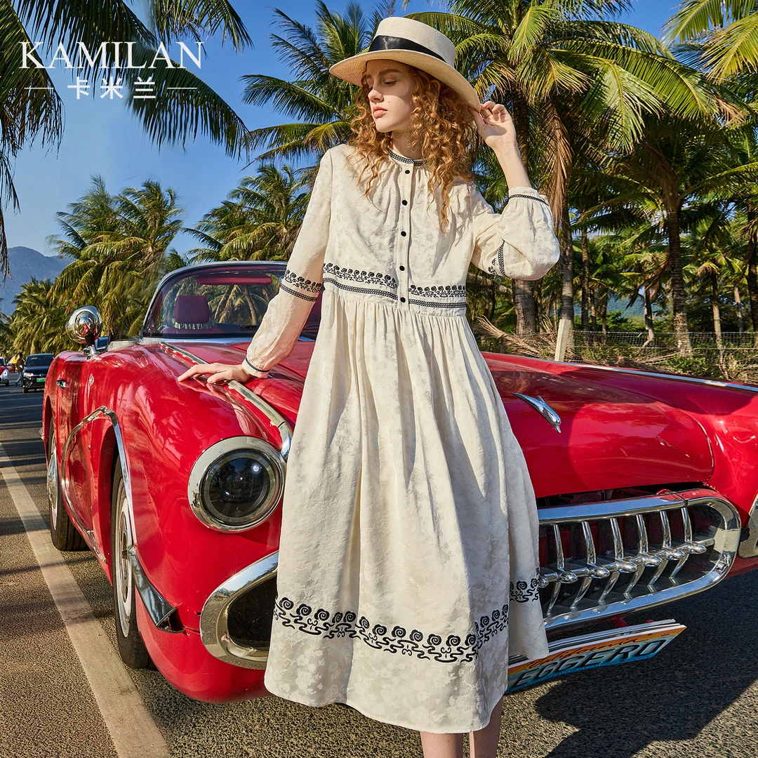 [绣花x提花]卡米兰国风长袖连衣裙女2025春季新款中长款高腰A字裙