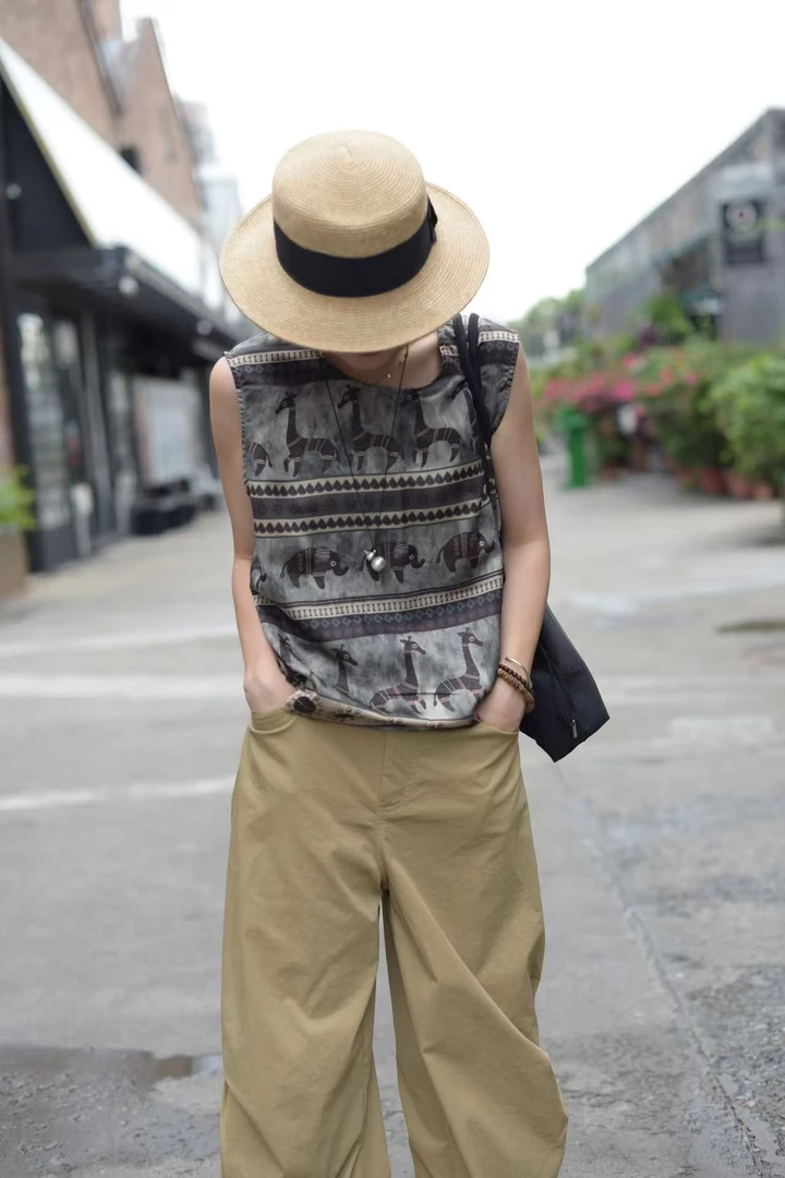 【秀秀新品】 复古印花新中式无袖上衣时尚