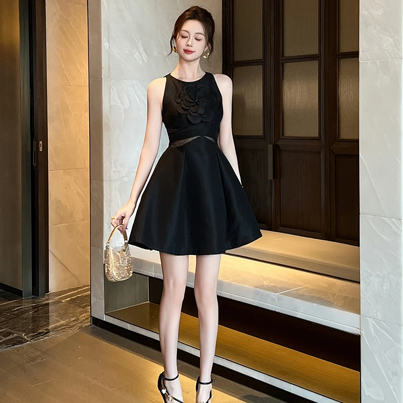 新款法式提花气质赫本风显瘦小黑裙性感收腰名媛连衣裙9826