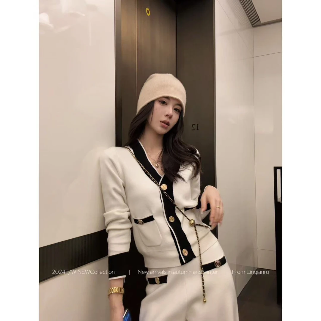 【致命吕人专属】林千入新款气质显瘦针织时尚洋气修身撞色时尚套装