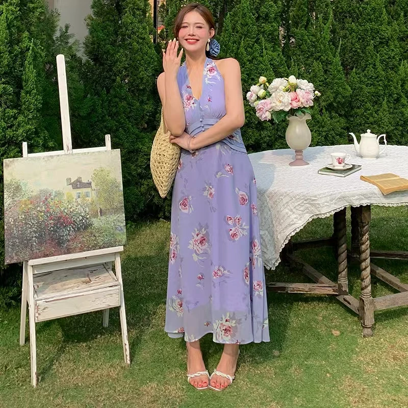 【仟艺定制】紫海梦境 大码法式挂脖连衣裙胖mm长裙
