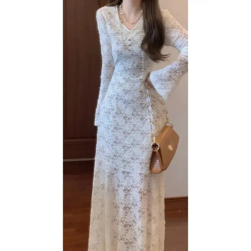 【无恋】法式轻奢高级设计感植绒蕾丝连衣裙收腰气质鱼尾长裙9730