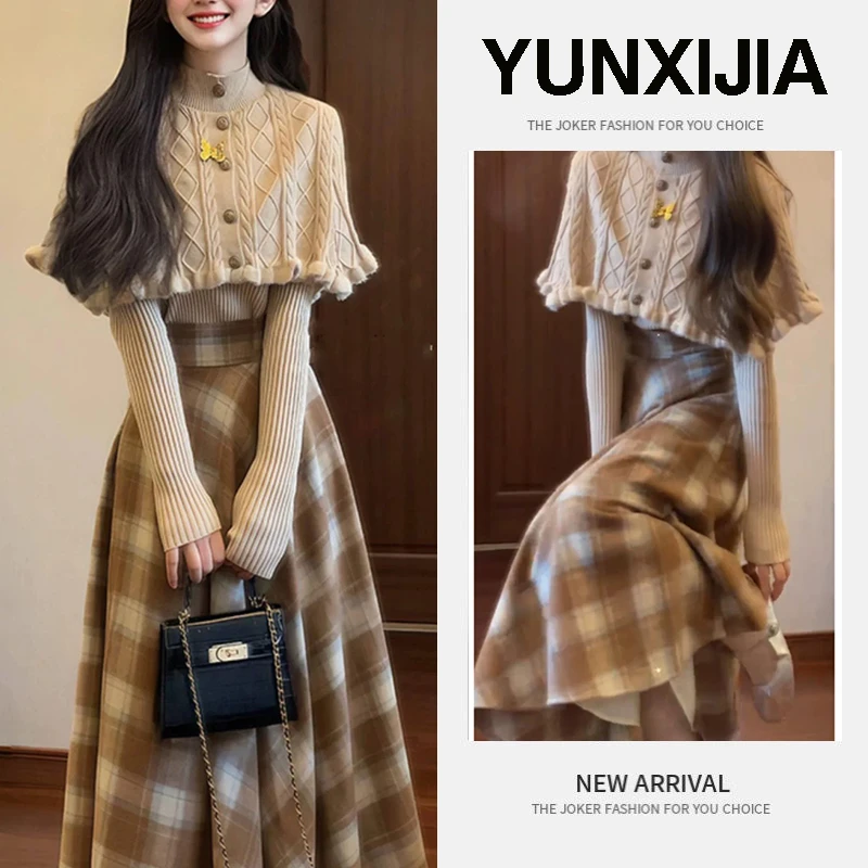 春季穿搭一整套女2025新款韩系减龄毛衣斗篷上衣格子半裙两件套