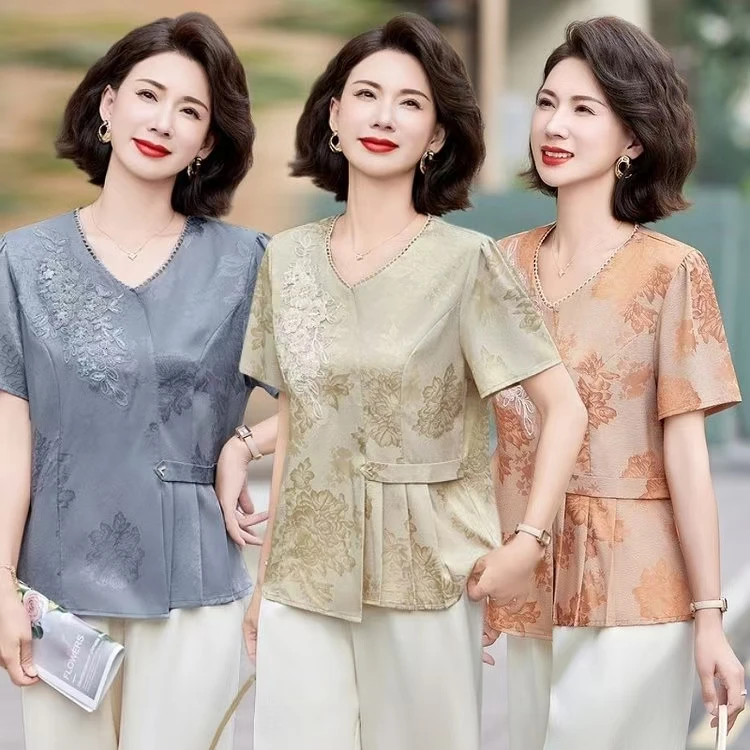 夏季新款中国风短袖妈妈短袖T恤遮肚子洋气衬衣小衫时尚减龄T恤