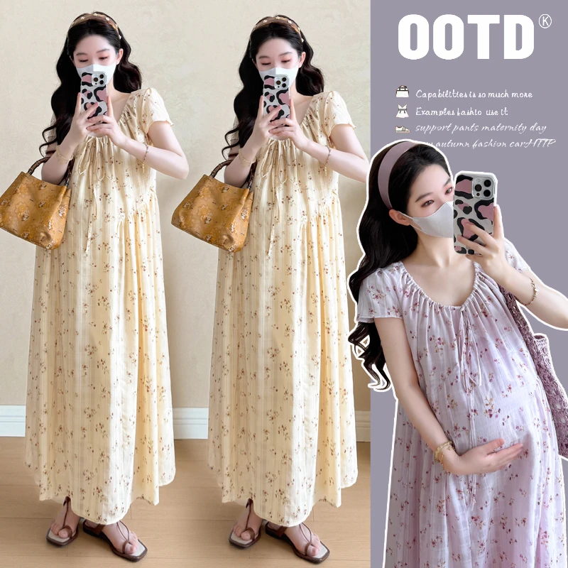 YNVO时尚2025夏季新款碎花减龄清新孕妇气质宽松高级感中长连衣裙